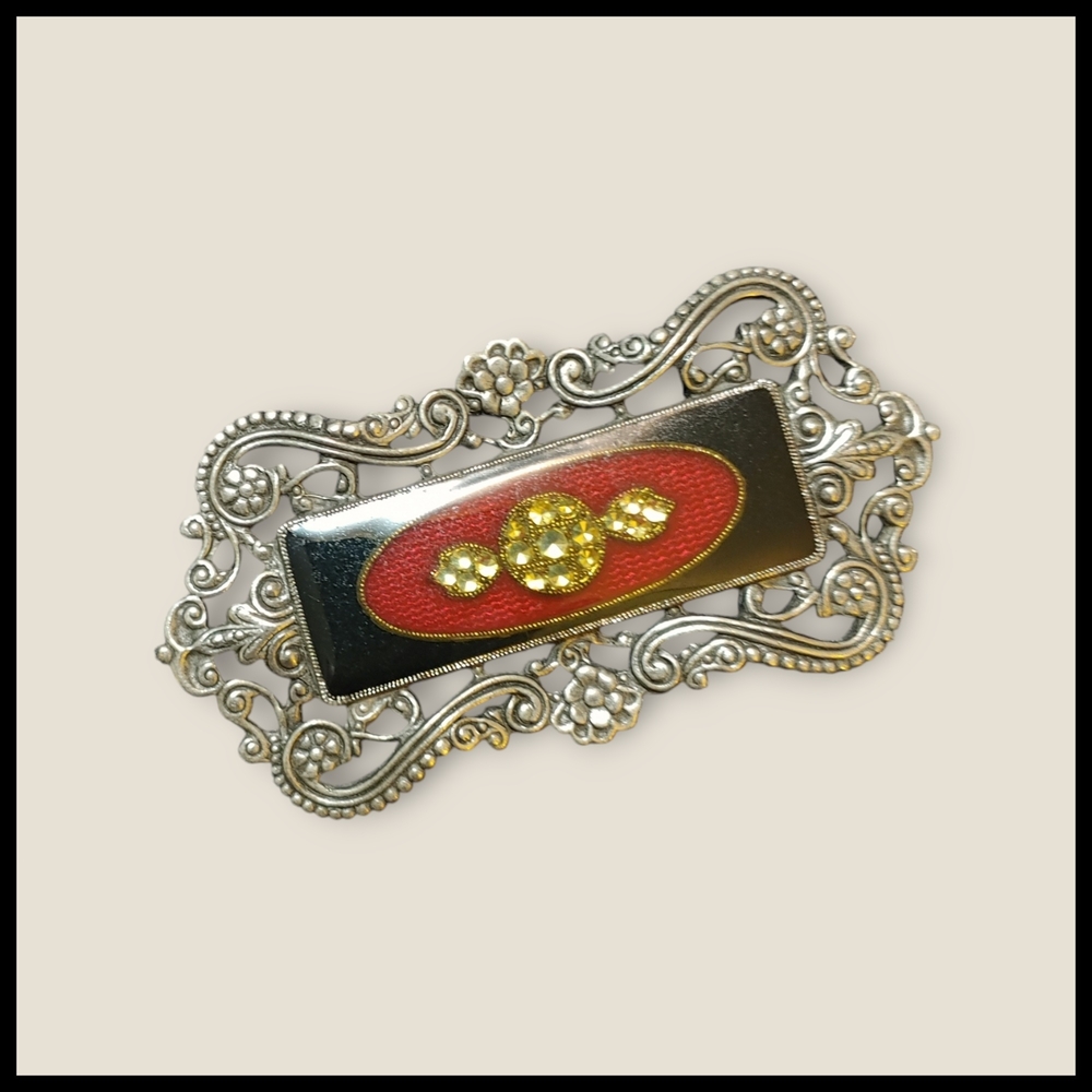 Vintage Silver and Red  Enamel and Resin Brooch - Picture 6 of 6
